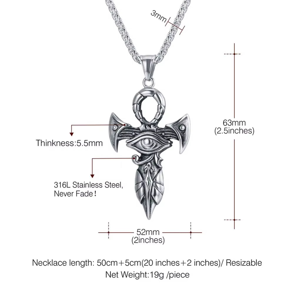 Grand Ankh & Eye Pendant 316L Stainless Steel | 22" Wheat Chain