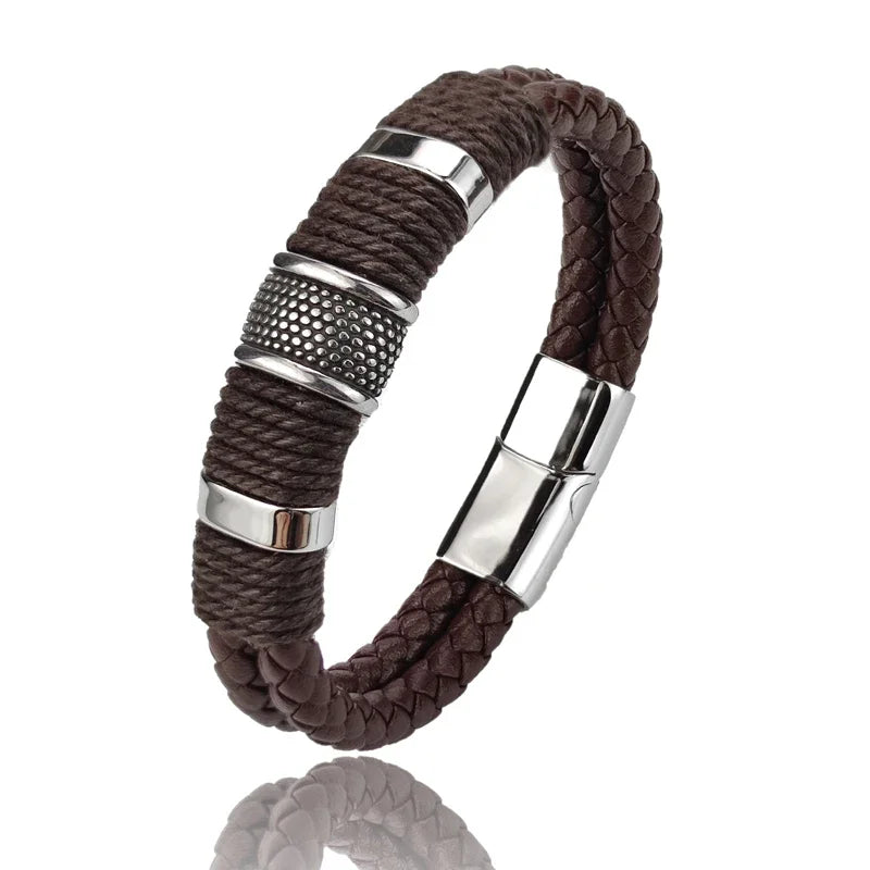 Stylish Luxury Vintage Multilayer Brown Leather and Stainless Steel Bracelet for Men - Perfect Gift for Any Occasion