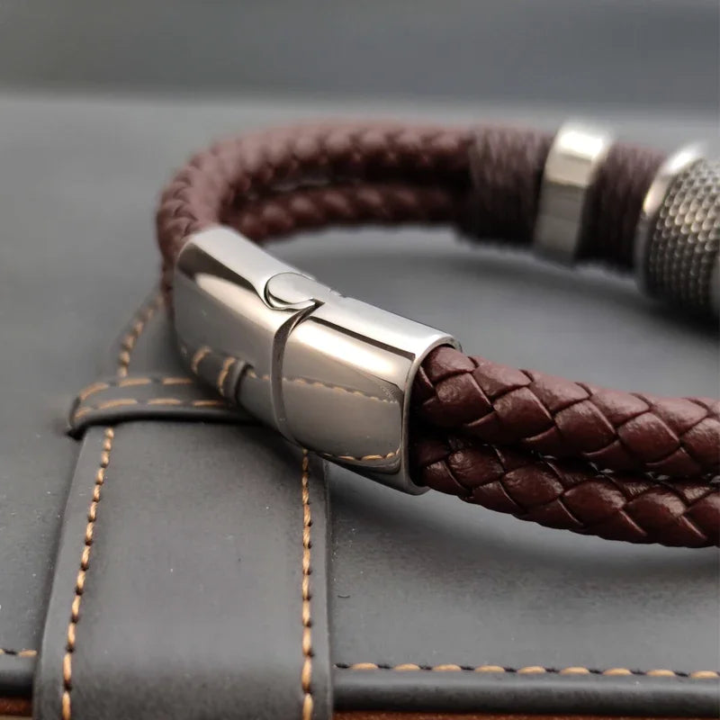 Stylish Luxury Vintage Multilayer Brown Leather and Stainless Steel Bracelet for Men - Perfect Gift for Any Occasion
