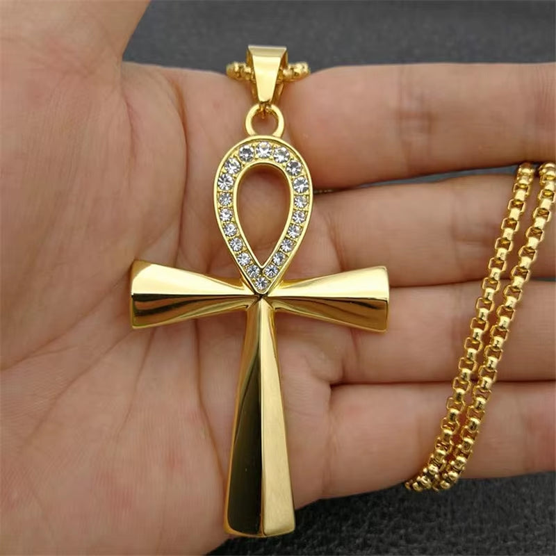 Iced Ankh Pendant Necklace Gold-Tone Stainless Steel Key of Life with Crystal Detailing