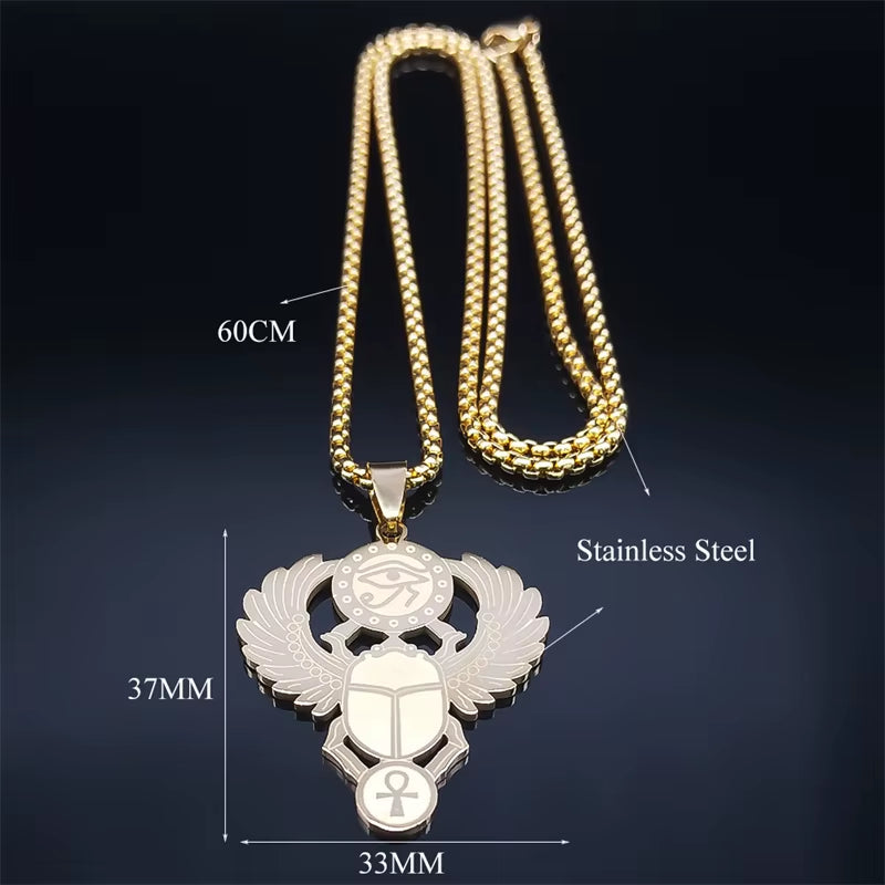 Scarab & Solar Eye Pendant Necklace Gold-Tone Stainless Steel with Ankh Detail (Unisex)