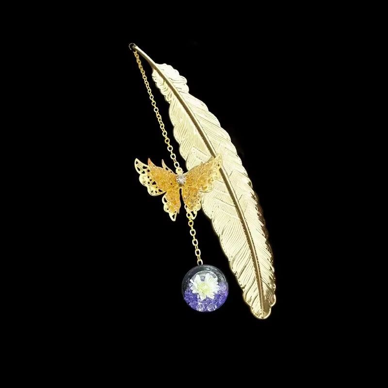 Metal Feather Bookmark with Butterfly & Dried Flower Pendant