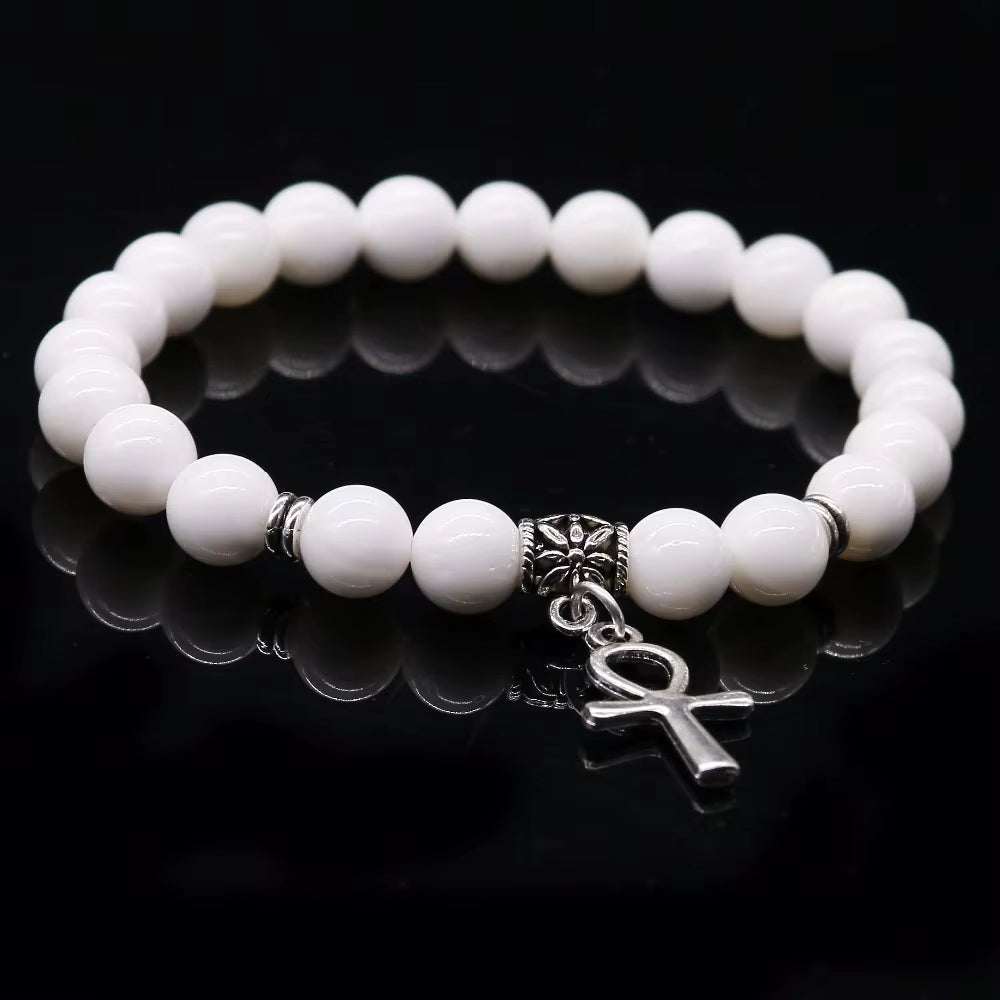 Cinnabar & Tridacna Ankh Bracelet 8mm Natural Stone Beads | 19cm
