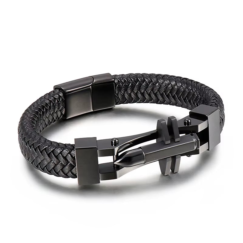 Black Leather & Steel Bracelet 316L Stainless Steel Clasp | Structured Men’s Wristband