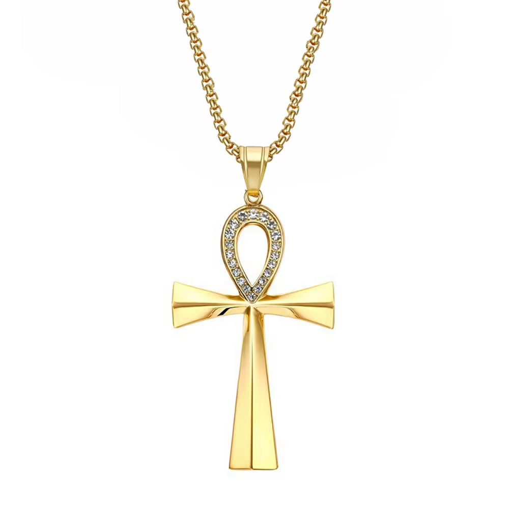 Iced Ankh Pendant Necklace Gold-Tone Stainless Steel Key of Life with Crystal Detailing