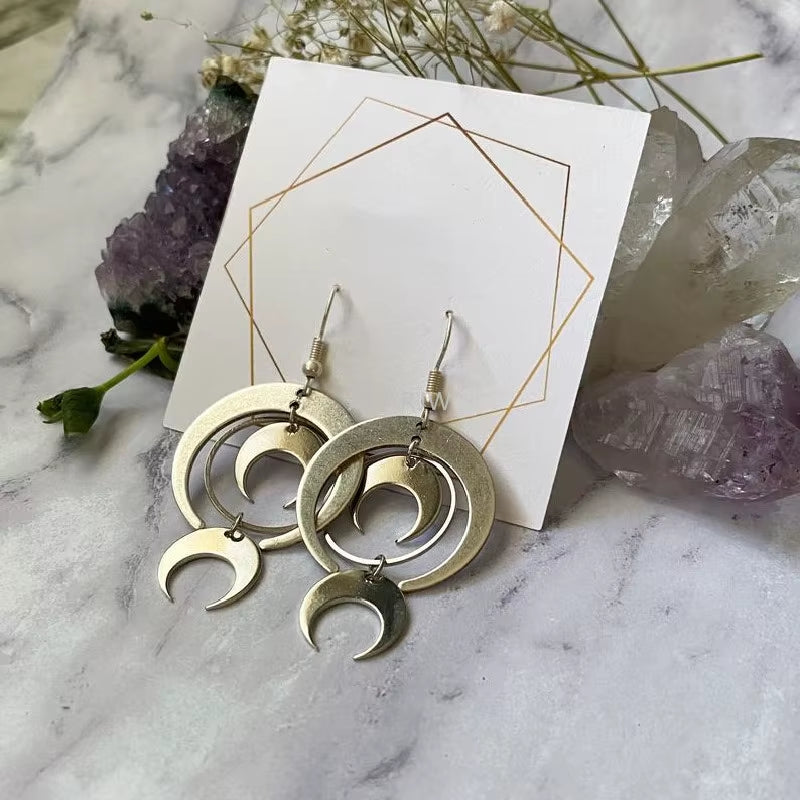 Celestial Crescent Drop Earrings Sun & Moon Brass Statement