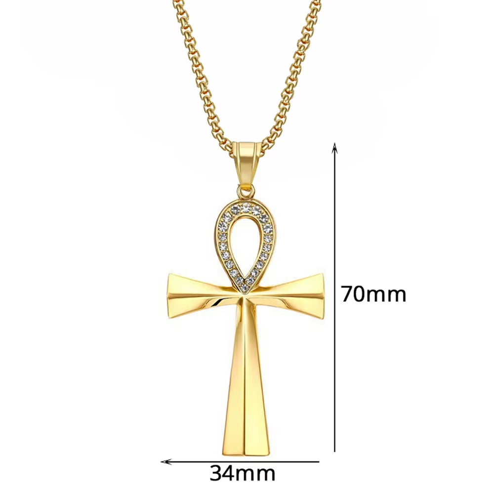Iced Ankh Pendant Necklace Gold-Tone Stainless Steel Key of Life with Crystal Detailing