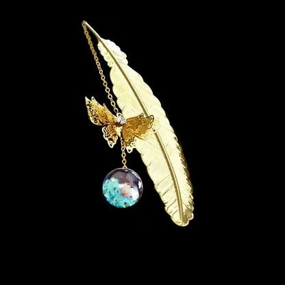Metal Feather Bookmark with Butterfly &amp; Dried Flower Pendant