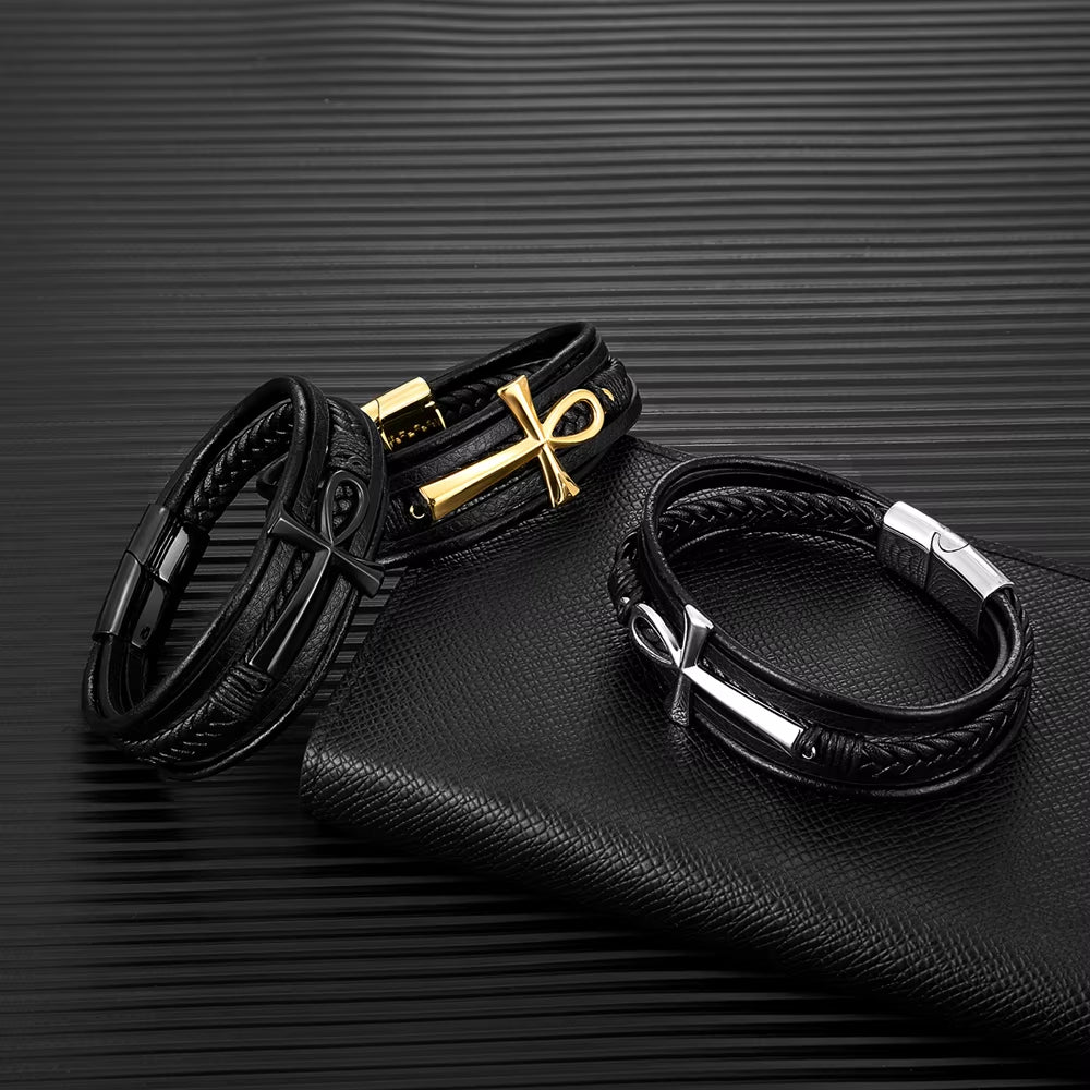 Multilayer Leather Ankh Bracelet 316L Steel Detail | Magnetic Clasp