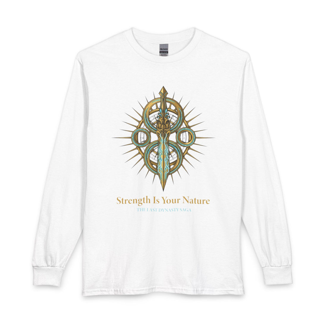 Strength Is Your Nature Long Sleeve Tee — Geometric Serpent Sword and Scarab Design