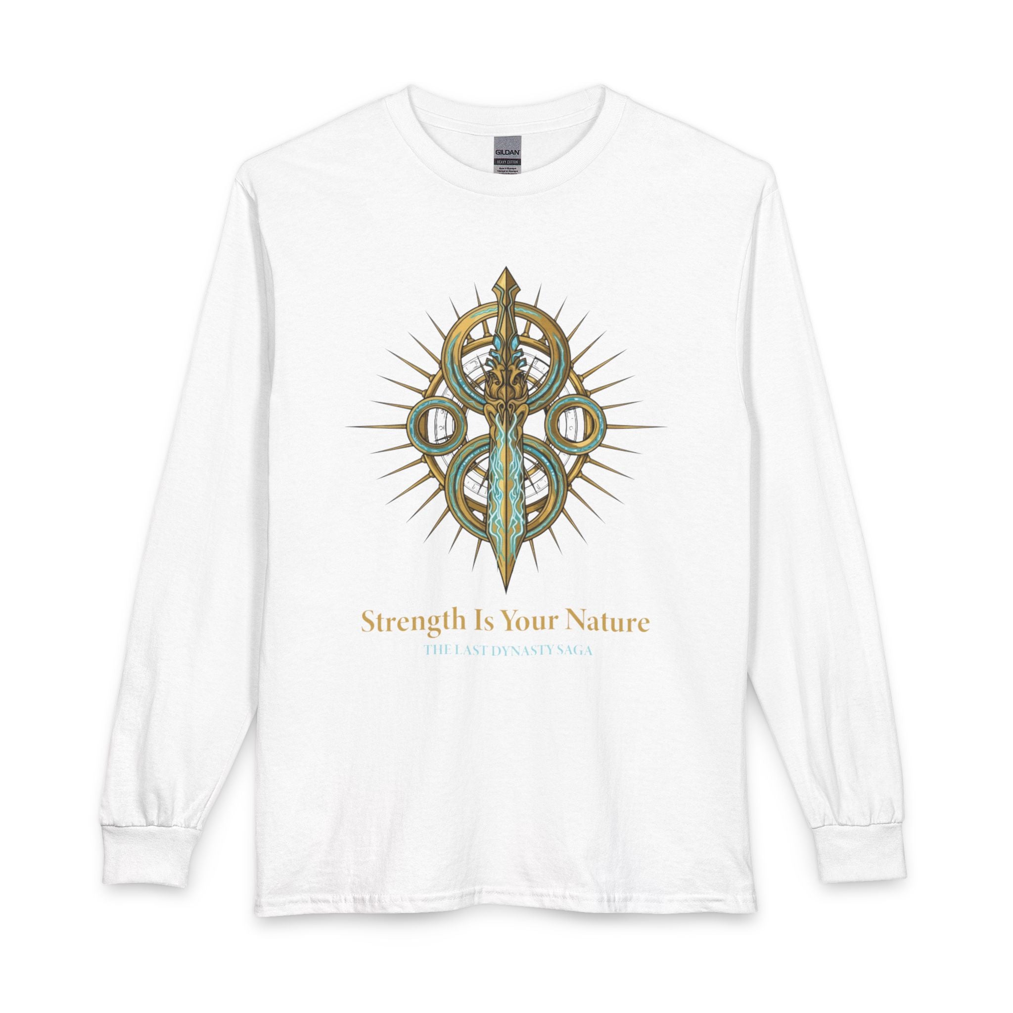 Strength Is Your Nature Long Sleeve Tee — Geometric Serpent Sword and Scarab Design