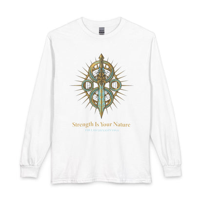 Strength Is Your Nature Long Sleeve Tee — Geometric Serpent Sword and Scarab Design