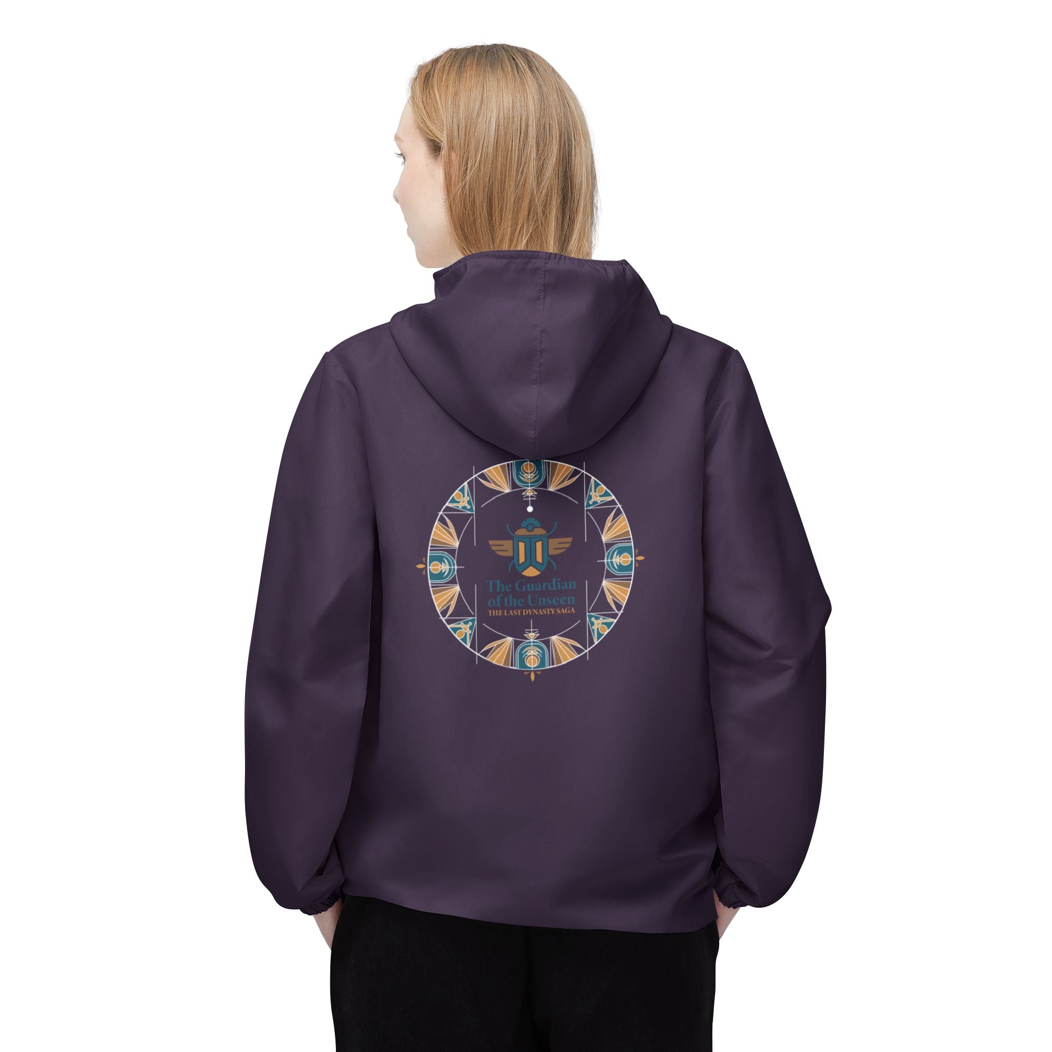 The Saga Temple Midnight Cat Windbreaker Jacket — Abstract Tribal Moon Design