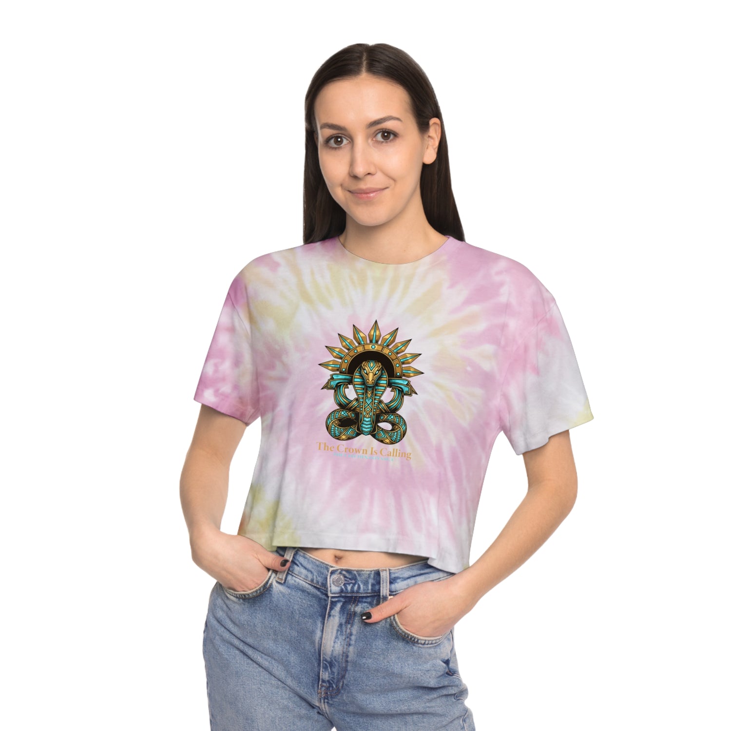 Tie-Dye Crop Tee — Celestial Snake &amp; Eye Graphic Women’s Crop Top