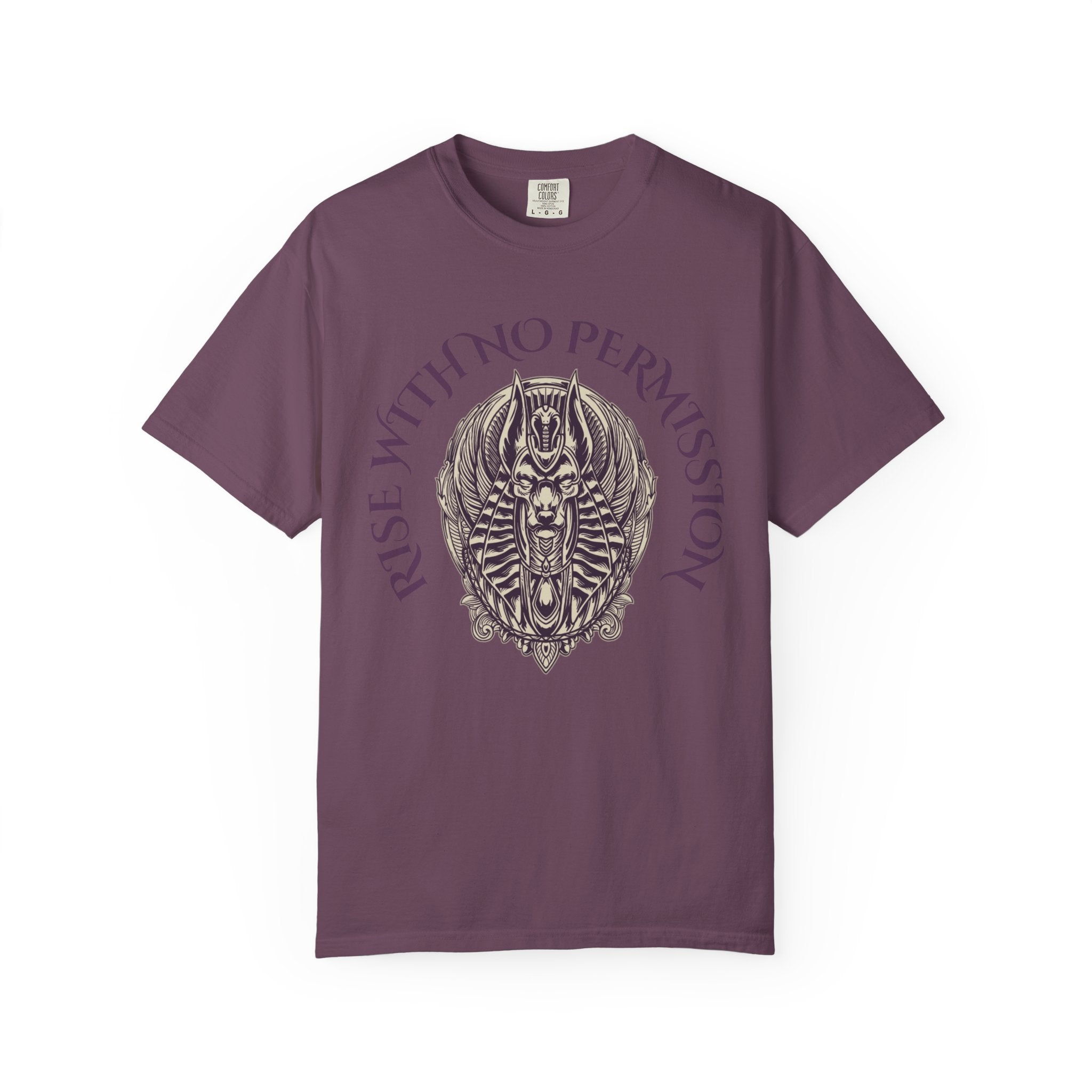 Rise With No Permission T-Shirt — Anubis Helmet Graphic Tee (“Your Song Is Your Spell”)