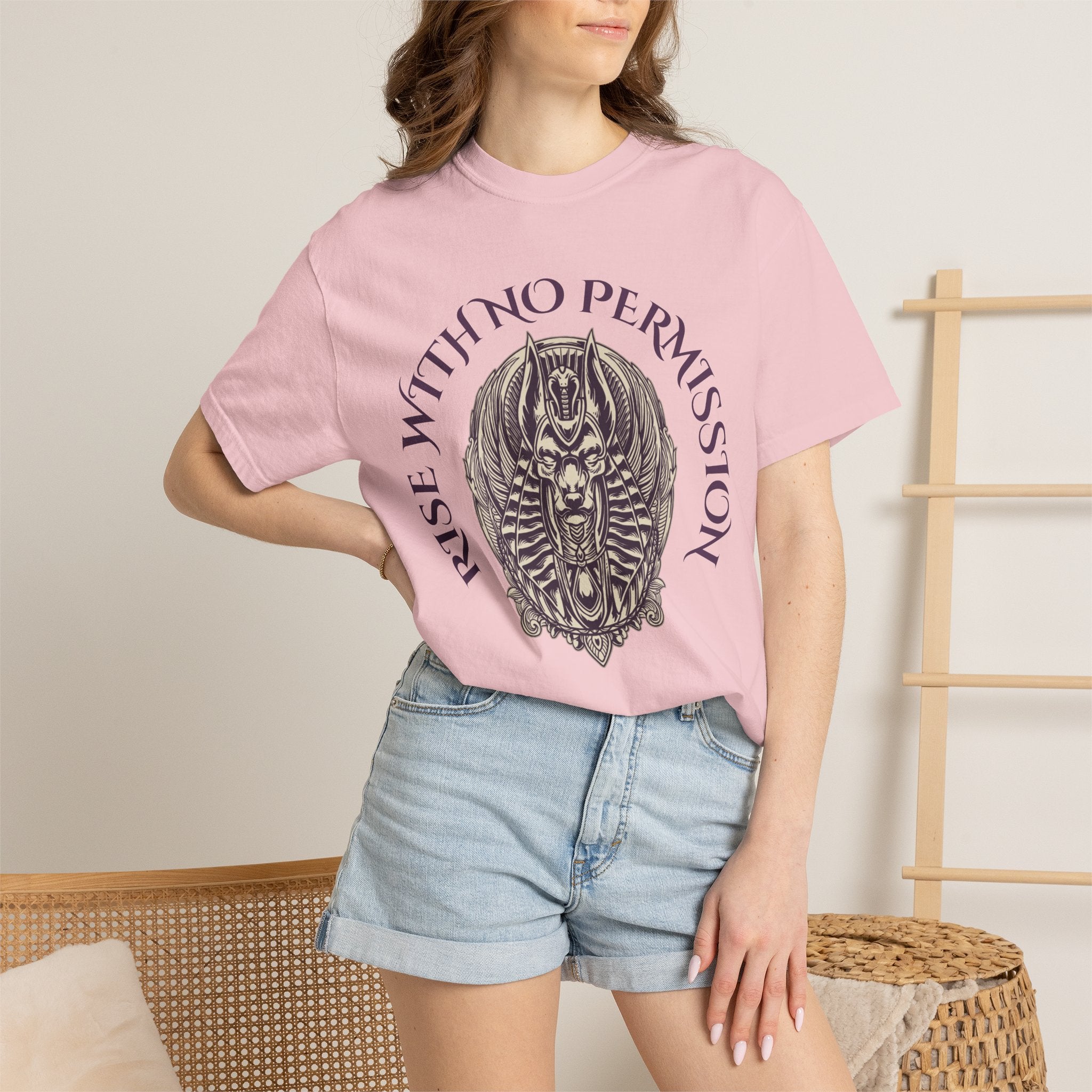 Rise With No Permission T-Shirt — Anubis Helmet Graphic Tee (“Your Song Is Your Spell”)