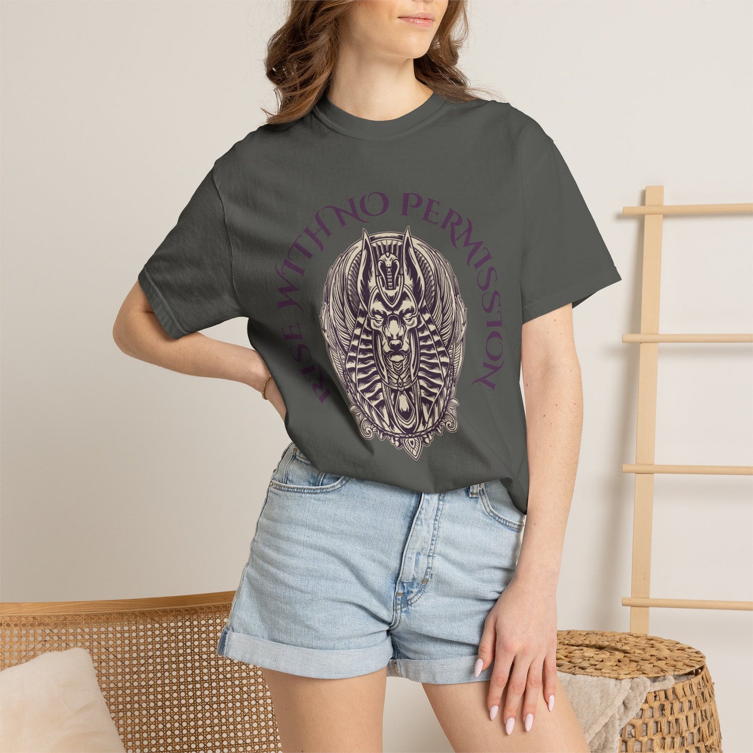 Rise With No Permission T-Shirt — Anubis Helmet Graphic Tee (“Your Song Is Your Spell”)