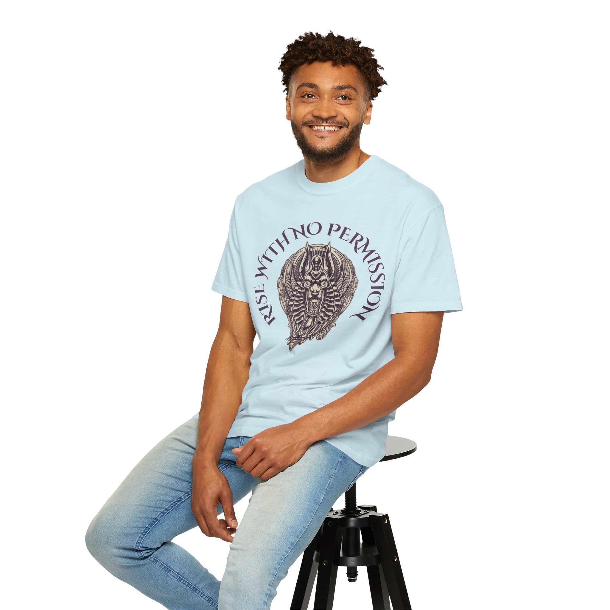 Rise With No Permission T-Shirt — Anubis Helmet Graphic Tee (“Your Song Is Your Spell”)