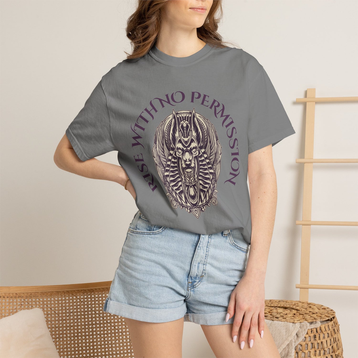 Rise With No Permission T-Shirt — Anubis Helmet Graphic Tee (“Your Song Is Your Spell”)