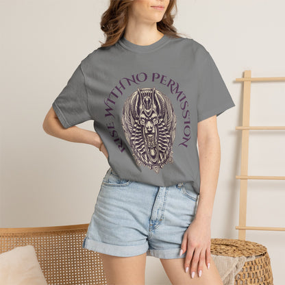 Rise With No Permission T-Shirt — Anubis Helmet Graphic Tee (“Your Song Is Your Spell”)