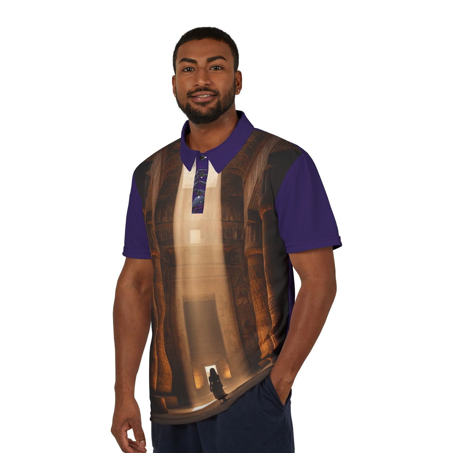 Architectural Light Polo Shirt — Moody Saga temple Interior All-Over Print