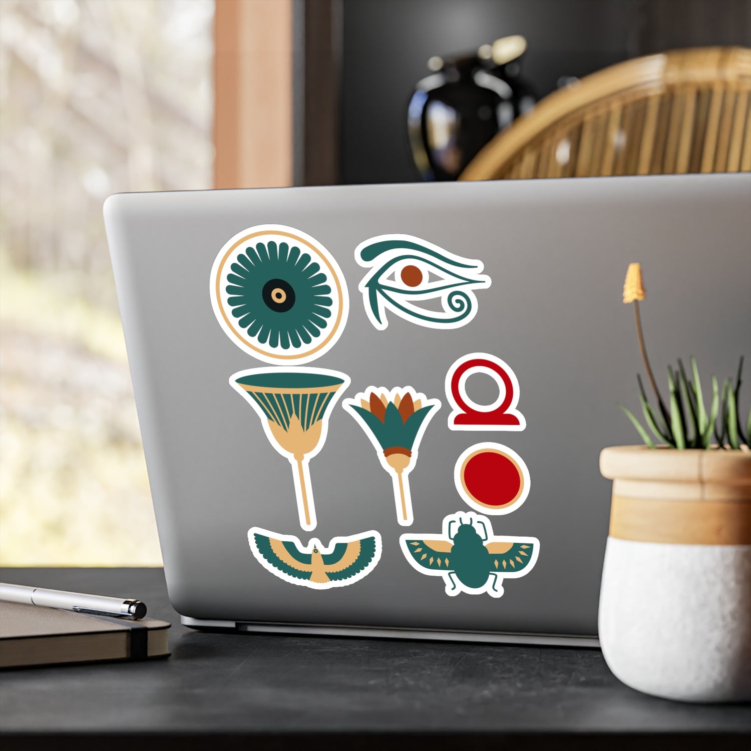 Egyptian Symbols Vinyl Decal Pack — Eye of Horus, Lotus, Eagle, Scarab &amp; Cartouche (8-Pack)