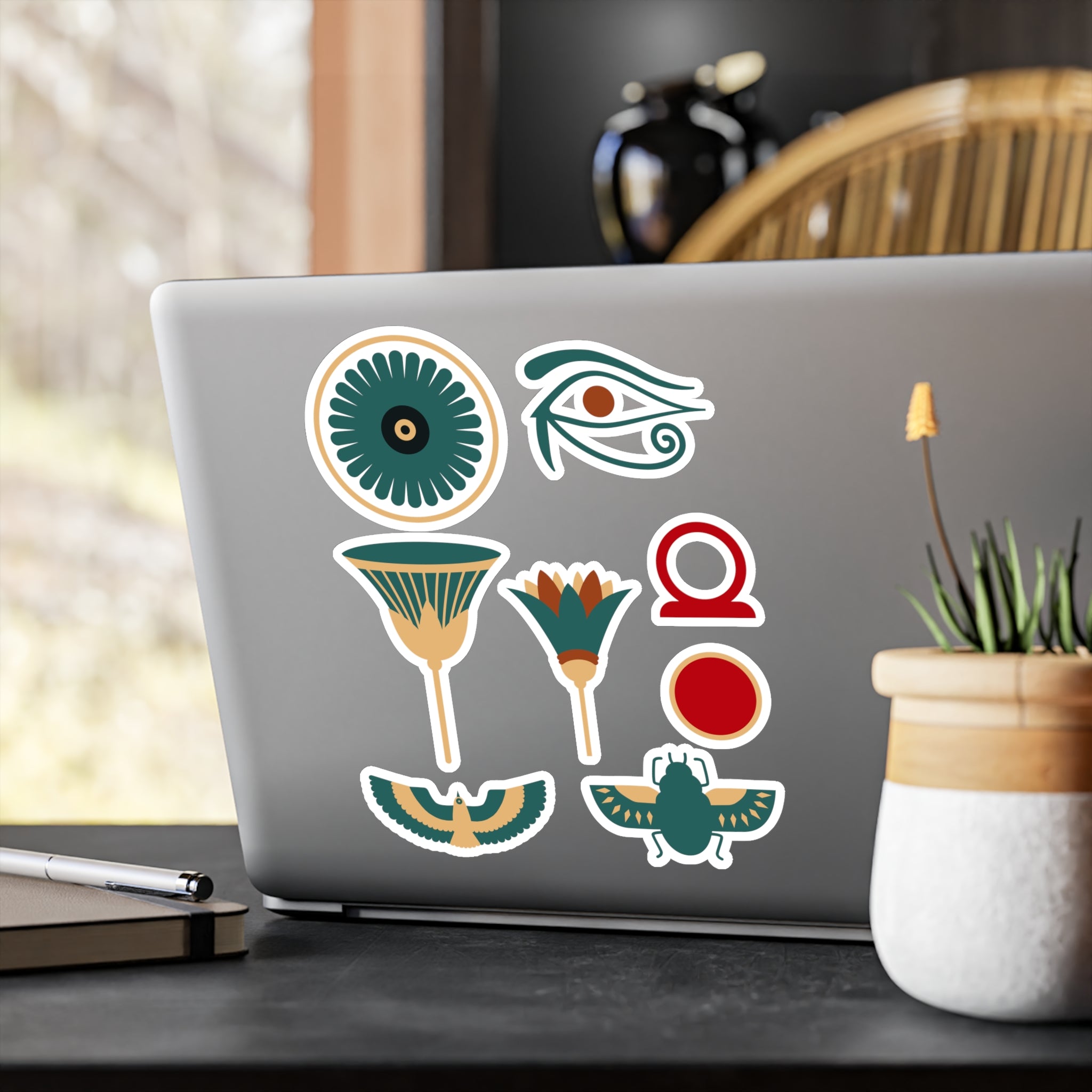 Egyptian Symbols Vinyl Decal Pack — Eye of Horus, Lotus, Eagle, Scarab &amp; Cartouche (8-Pack)