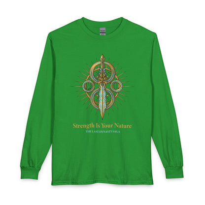 Strength Is Your Nature Long Sleeve Tee — Geometric Serpent Sword and Scarab Design