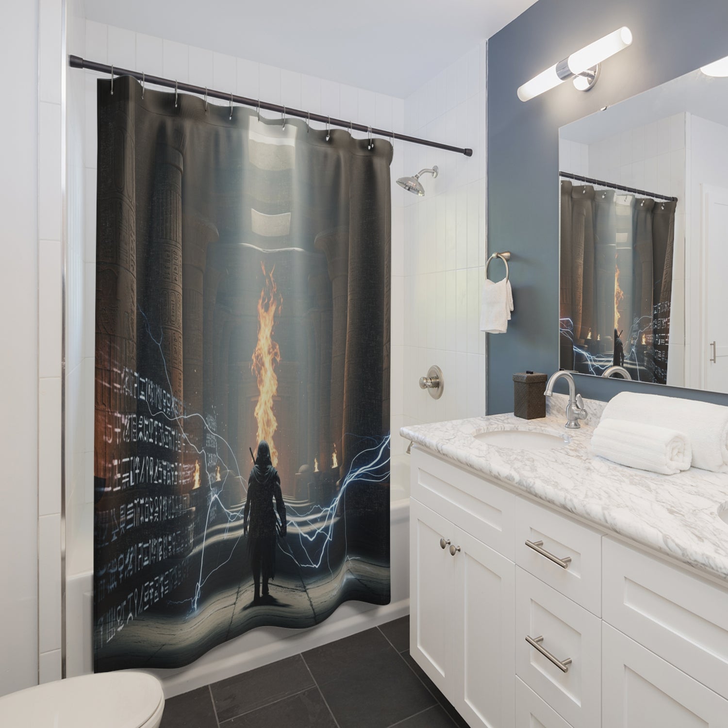 Mystic Temple Shower Curtain — Fantasy Sorcerer Flame &amp; Lightning Bathroom Decor