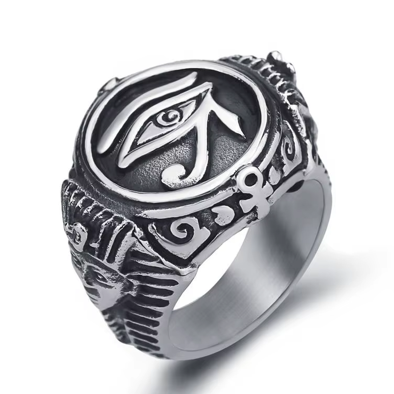 Pharaoh &amp; Eye of Horus Ring 316L Stainless Steel Statement Band