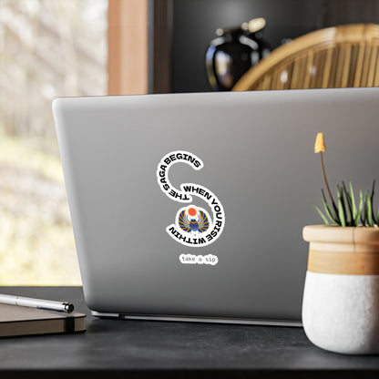 Scarab Sun-disc Vinyl Decal — "The Saga Begins When you rise within" Statement Sticker