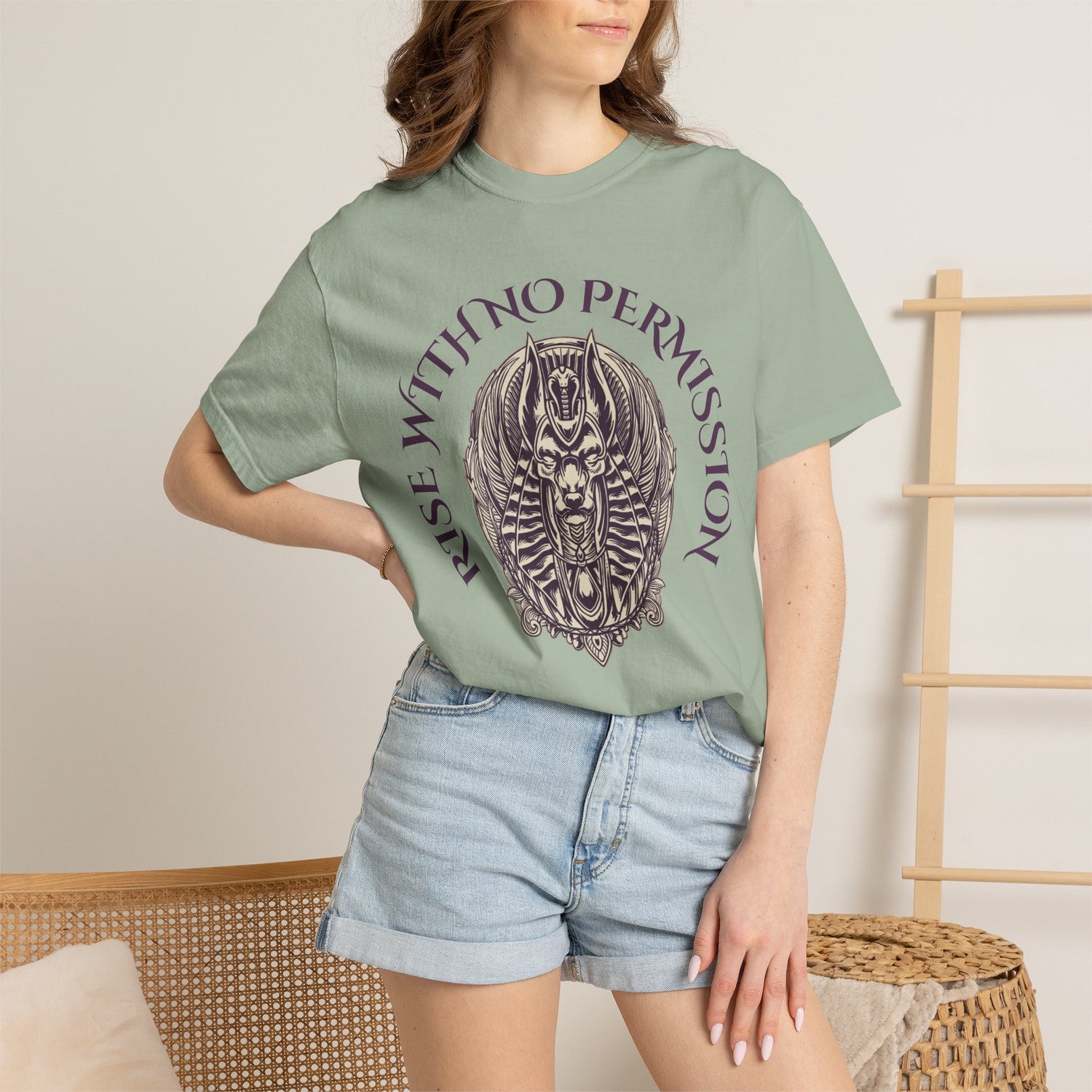 Rise With No Permission T-Shirt — Anubis Helmet Graphic Tee (“Your Song Is Your Spell”)