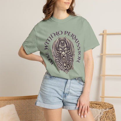 Rise With No Permission T-Shirt — Anubis Helmet Graphic Tee (“Your Song Is Your Spell”)