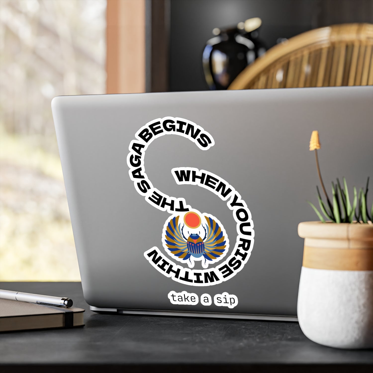 Scarab Sun-disc Vinyl Decal — "The Saga Begins When you rise within" Statement Sticker