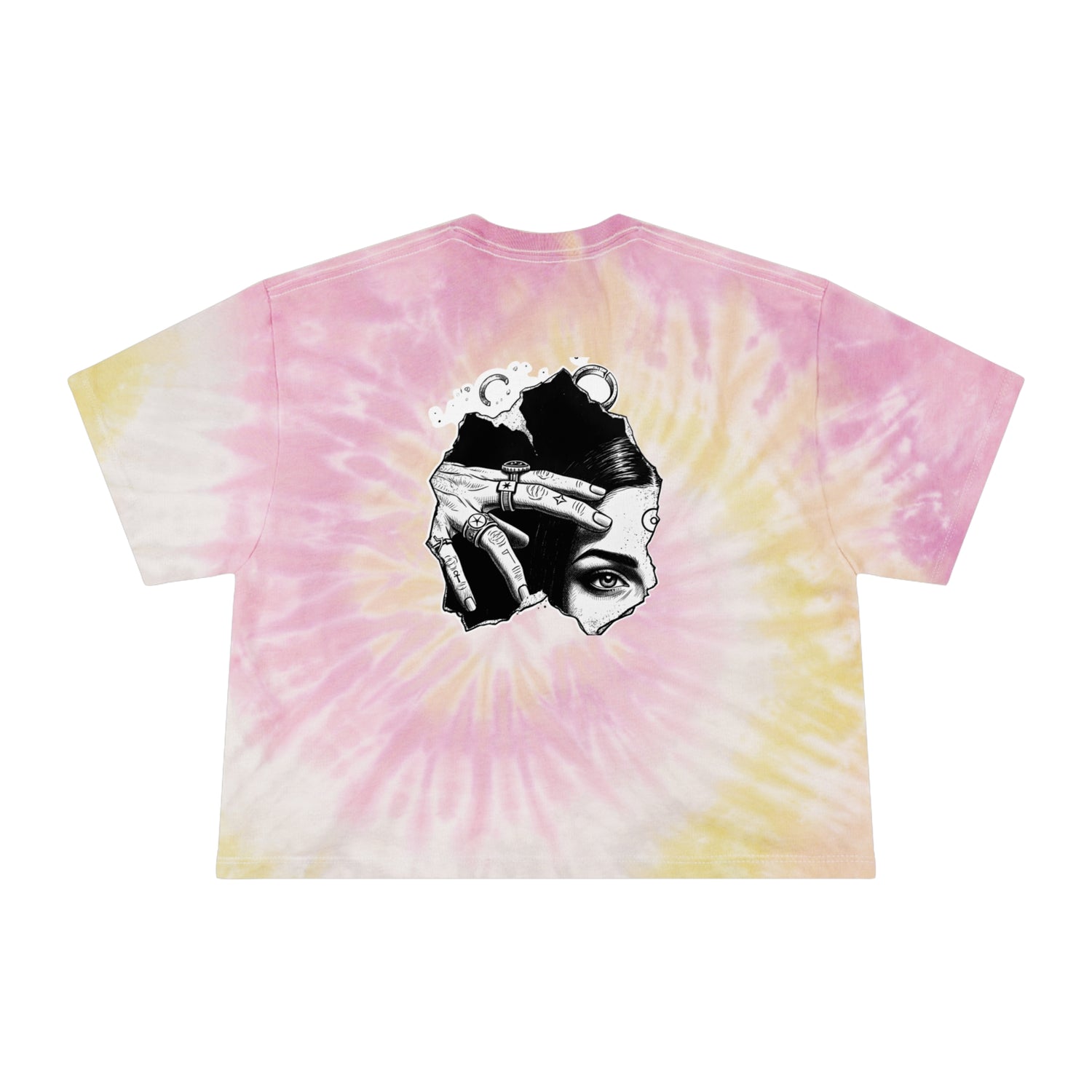 Tie-Dye Crop Tee — Celestial Snake &amp; Eye Graphic Women’s Crop Top