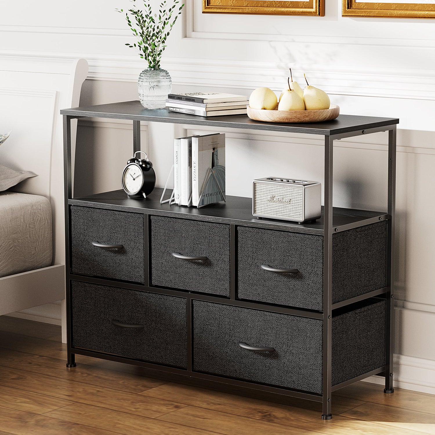 Dresser TV Stand, Entertainment Center with Fabric Drawers, Media Console Table with Open Shelves for TV up to 45 Inch for Bedroom, Living Room, Entryway, Black