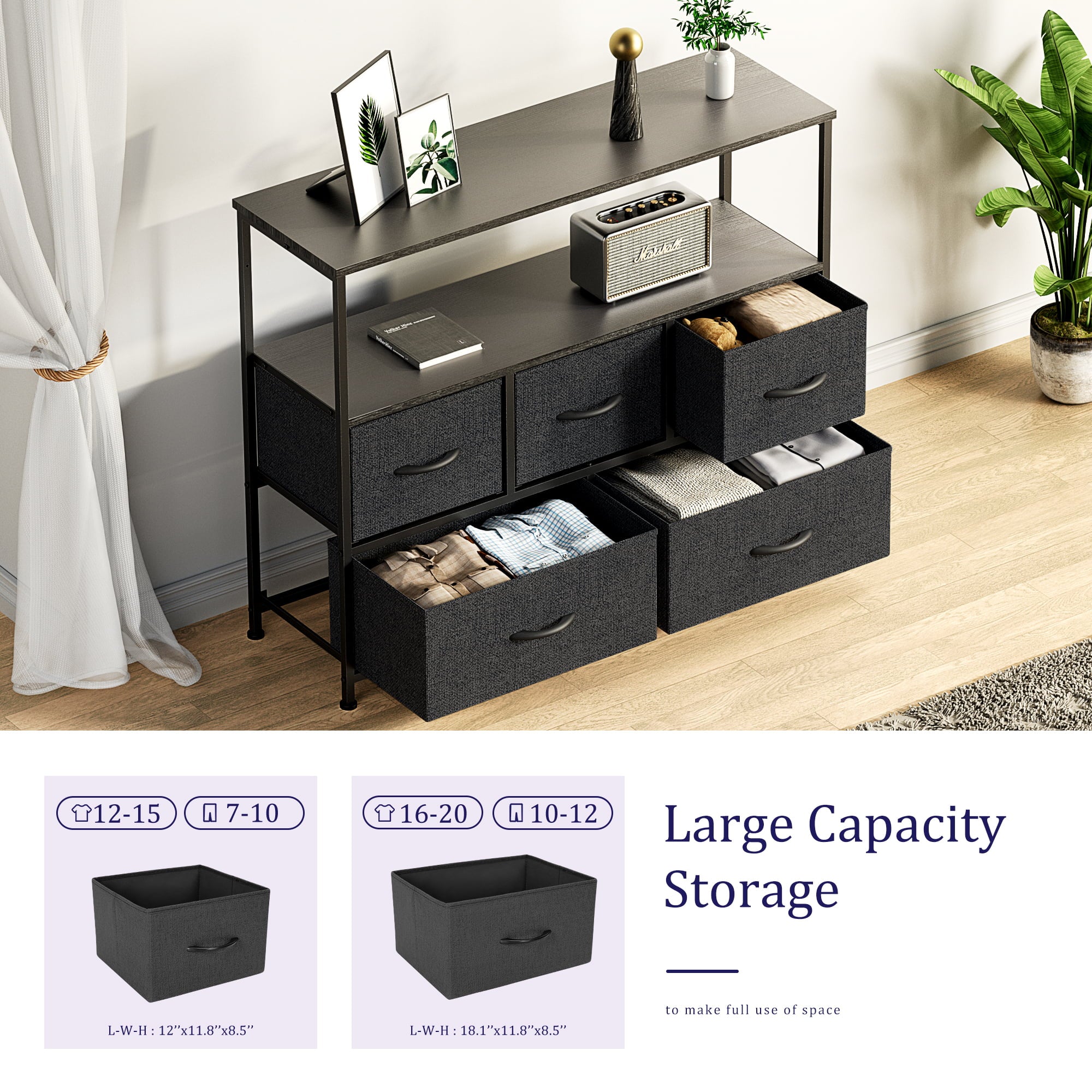 Dresser TV Stand, Entertainment Center with Fabric Drawers, Media Console Table with Open Shelves for TV up to 45 Inch for Bedroom, Living Room, Entryway, Black