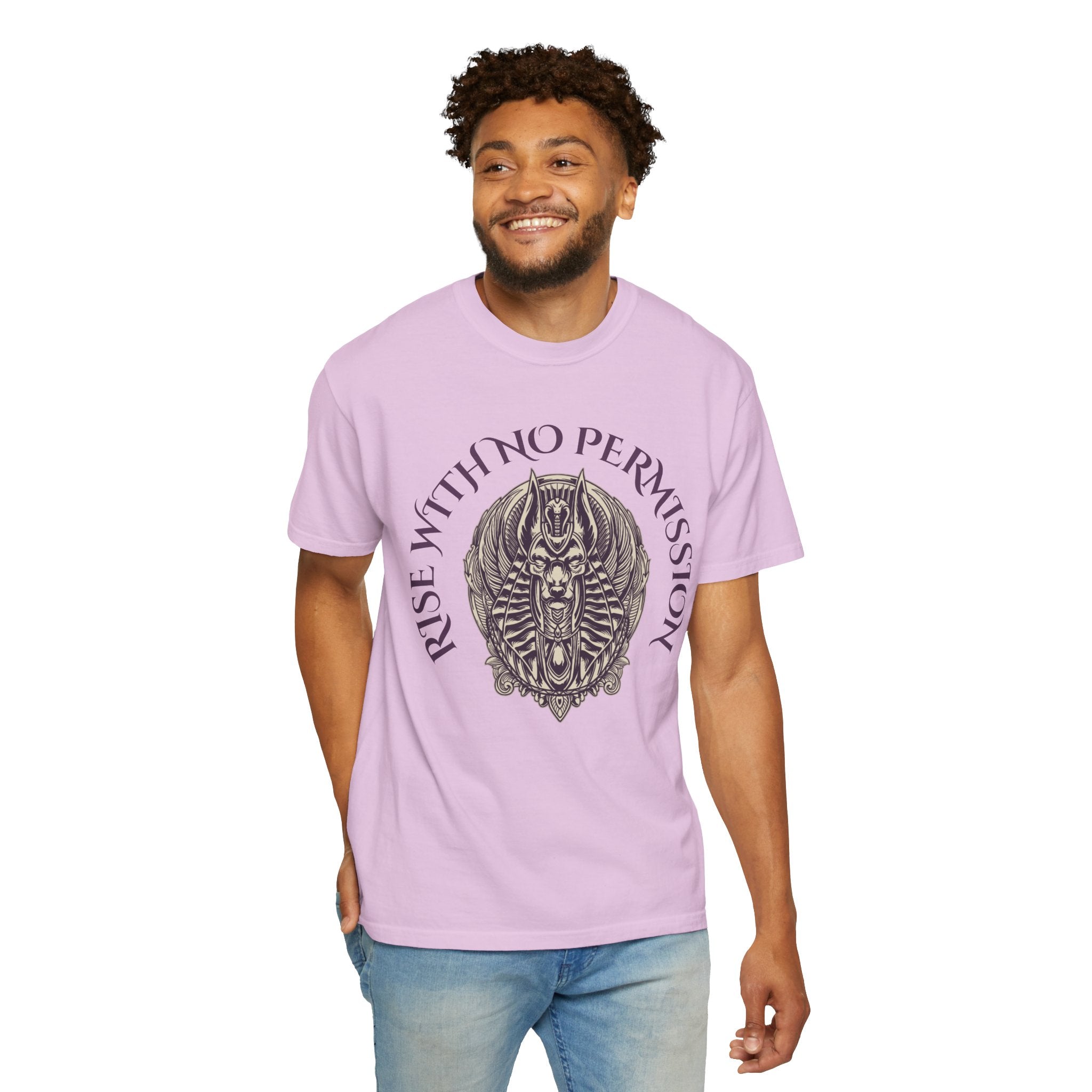 Rise With No Permission T-Shirt — Anubis Helmet Graphic Tee (“Your Song Is Your Spell”)