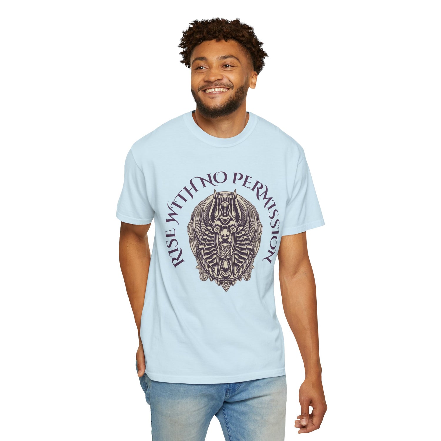 Rise With No Permission T-Shirt — Anubis Helmet Graphic Tee (“Your Song Is Your Spell”)