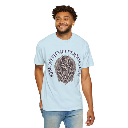 Rise With No Permission T-Shirt — Anubis Helmet Graphic Tee (“Your Song Is Your Spell”)