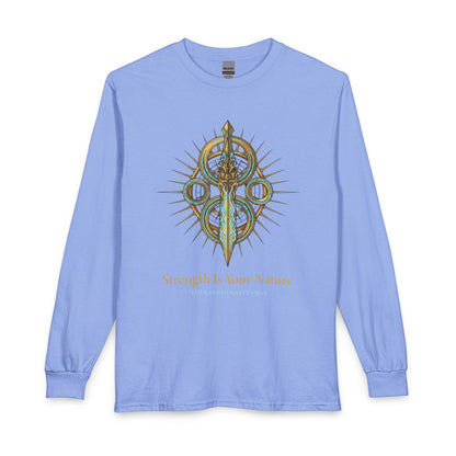 Strength Is Your Nature Long Sleeve Tee — Geometric Serpent Sword and Scarab Design