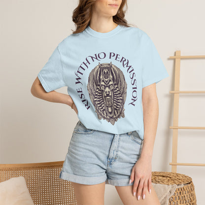 Rise With No Permission T-Shirt — Anubis Helmet Graphic Tee (“Your Song Is Your Spell”)