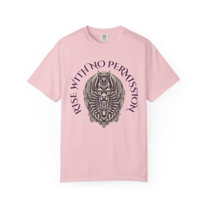 Rise With No Permission T-Shirt — Anubis Helmet Graphic Tee (“Your Song Is Your Spell”)
