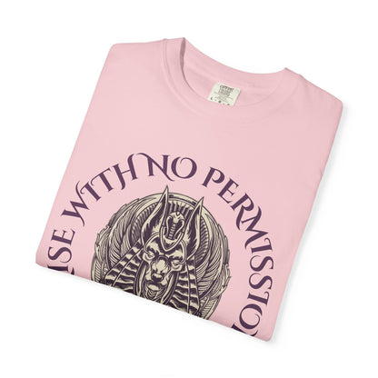 Rise With No Permission T-Shirt — Anubis Helmet Graphic Tee (“Your Song Is Your Spell”)