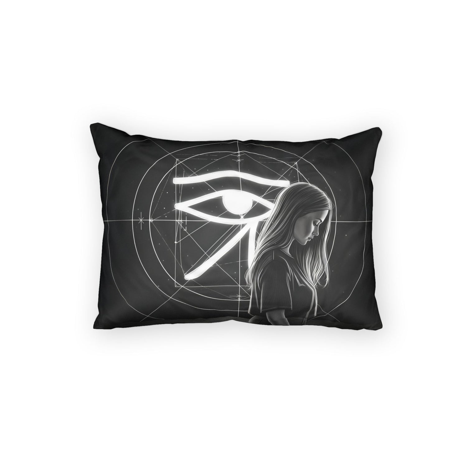 Pillow Sham — Mystic Eye of Ra Illustration with Thoughtful Woman (Black &amp; White)
