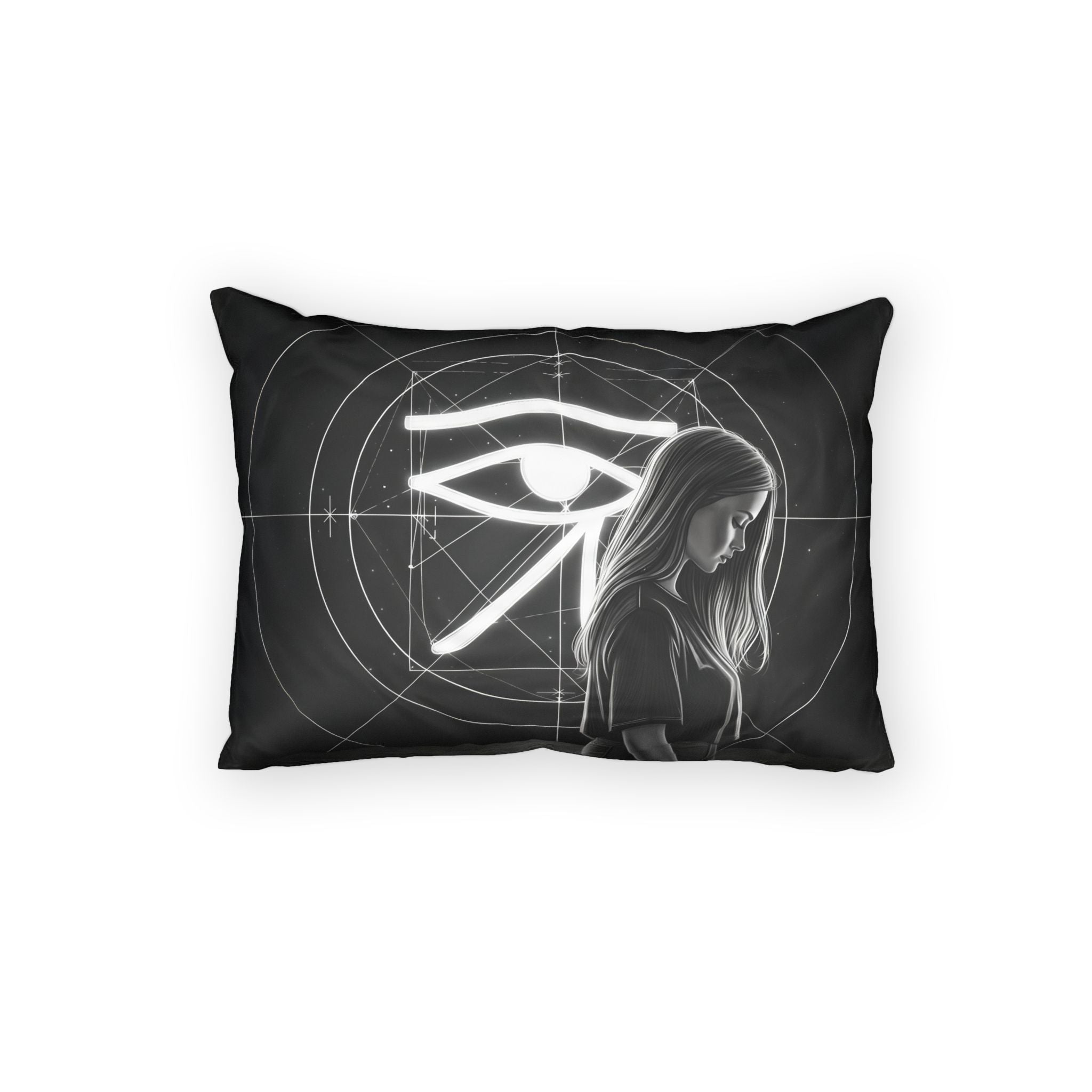 Pillow Sham — Mystic Eye of Ra Illustration with Thoughtful Woman (Black &amp; White)