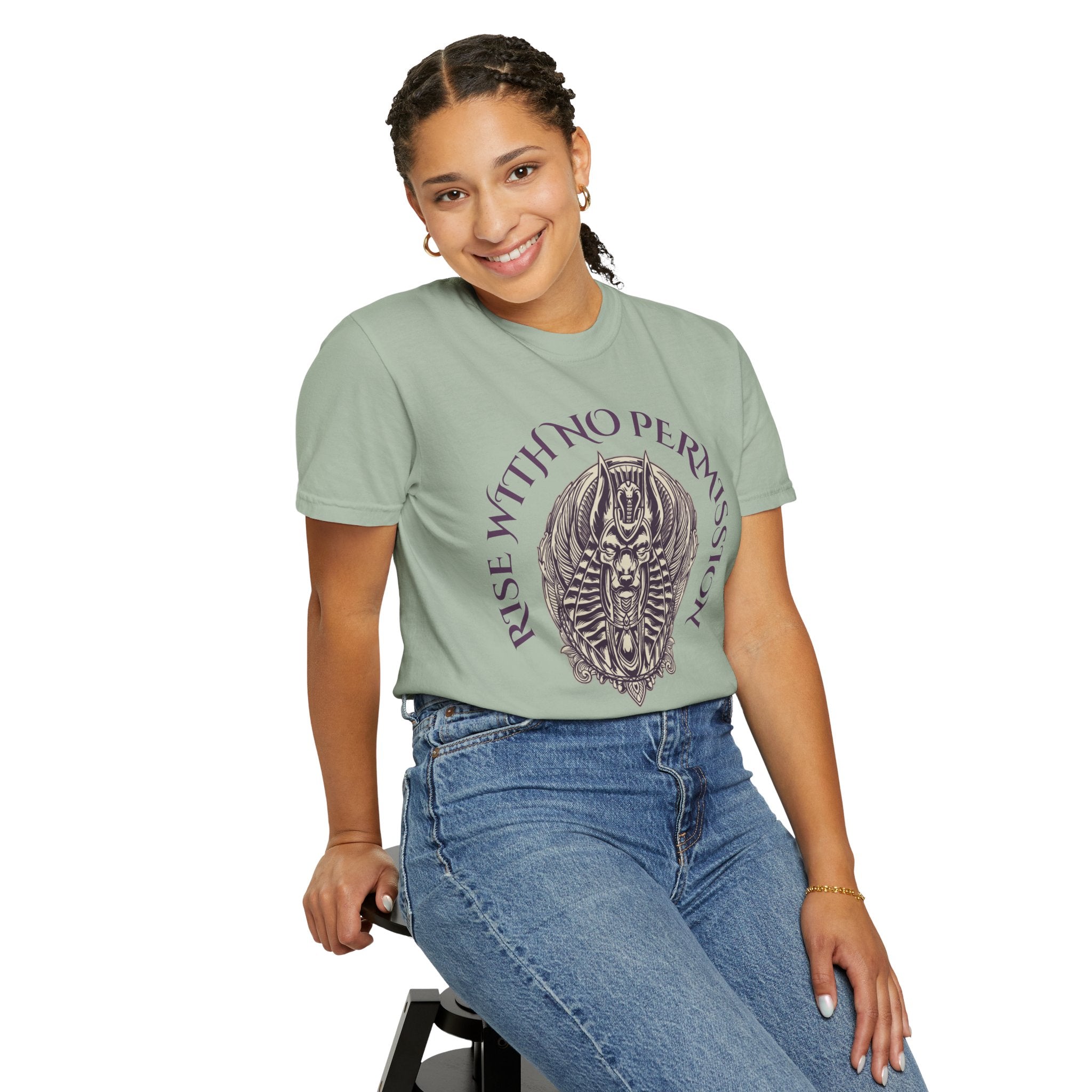 Rise With No Permission T-Shirt — Anubis Helmet Graphic Tee (“Your Song Is Your Spell”)
