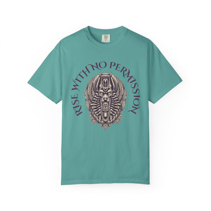 Rise With No Permission T-Shirt — Anubis Helmet Graphic Tee (“Your Song Is Your Spell”)
