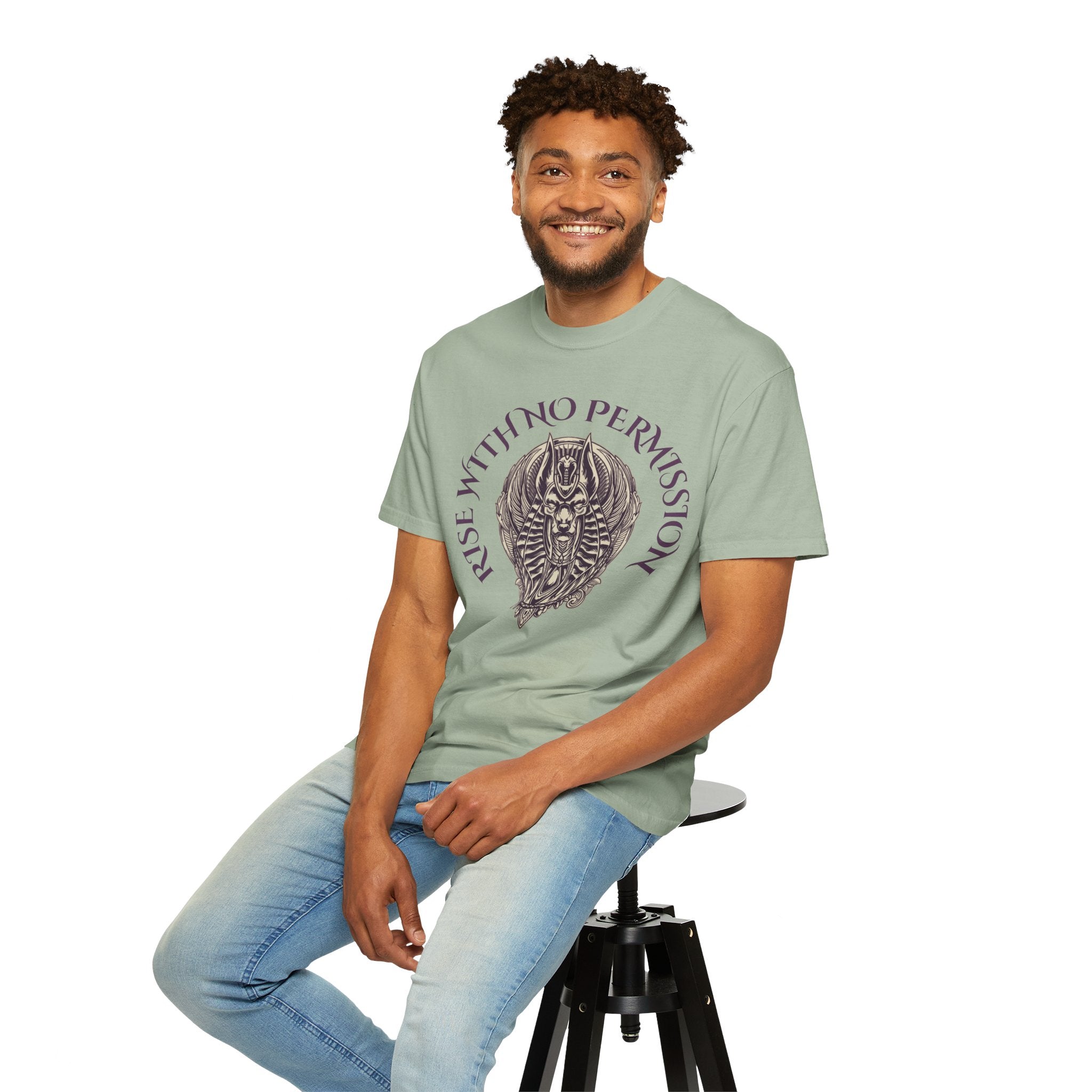 Rise With No Permission T-Shirt — Anubis Helmet Graphic Tee (“Your Song Is Your Spell”)