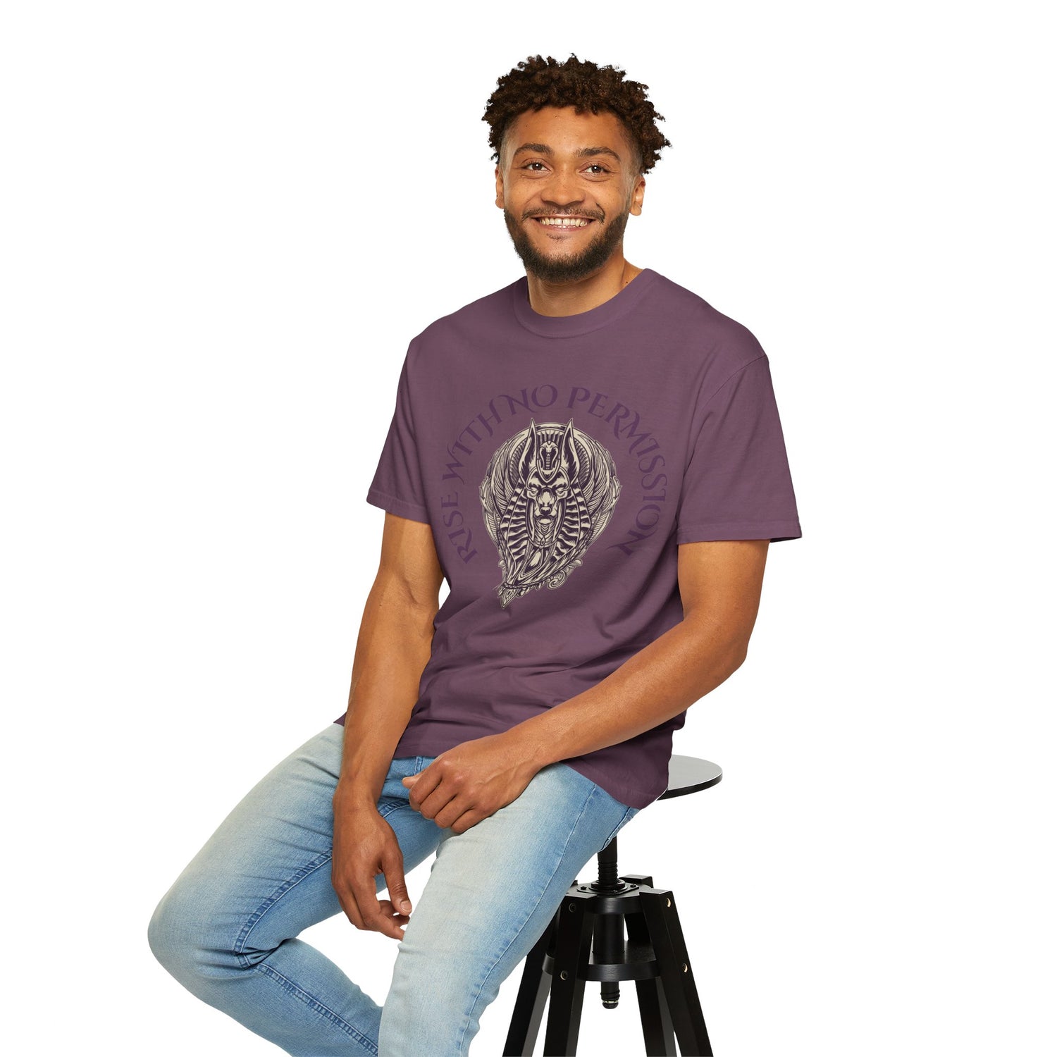 Rise With No Permission T-Shirt — Anubis Helmet Graphic Tee (“Your Song Is Your Spell”)